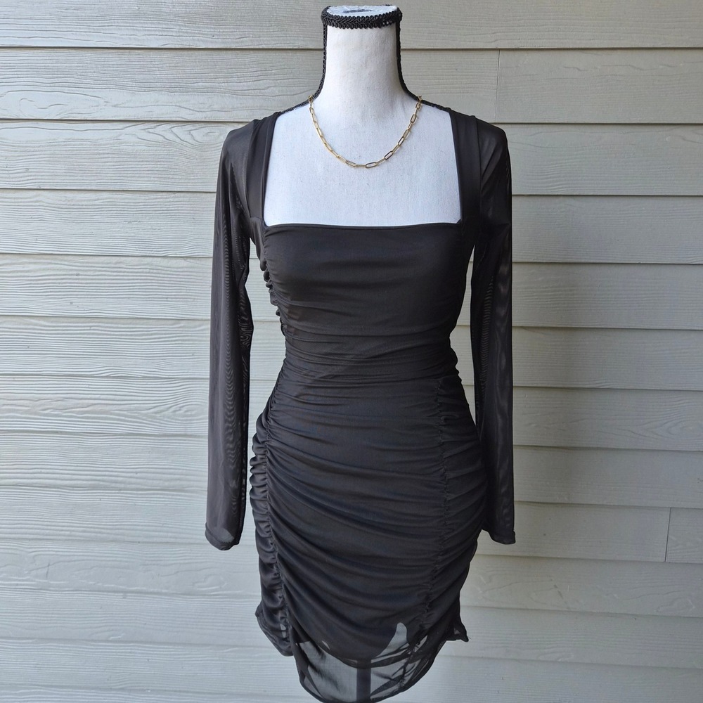 Nasty Gal Ruched Mesh Bodycon Mini Dress Womens XS Dark Feminine Goth Glam Vampy